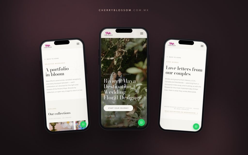 Página web móvil de Cherry Blossom para bodas en la Riviera Maya